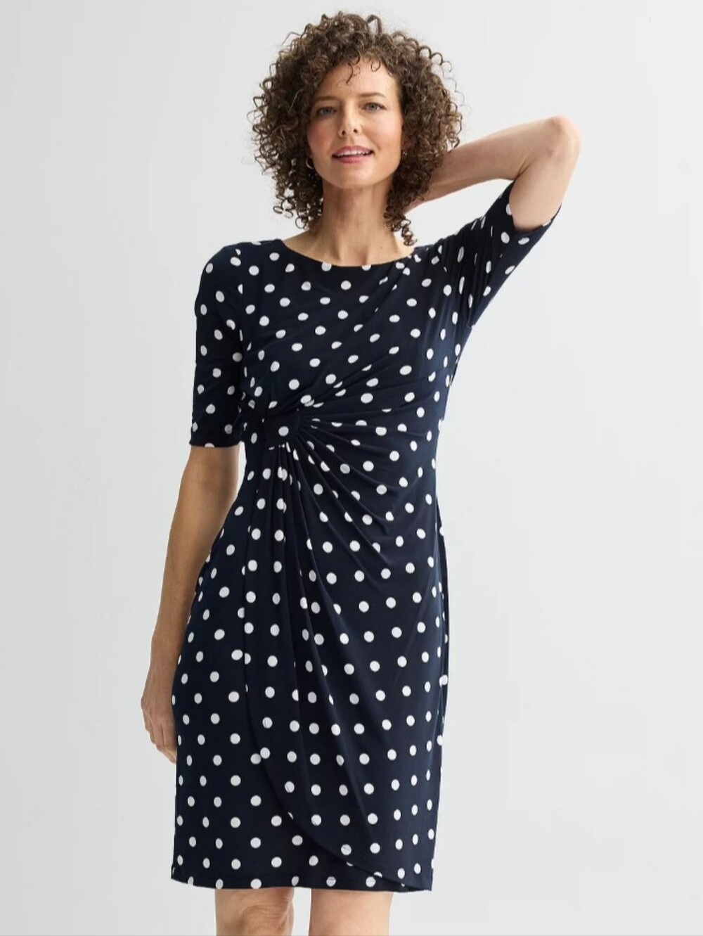 Connected Apparel Polka Dot Printed Elbow Sleeve Faux Wrap Midi Dress Size 14W